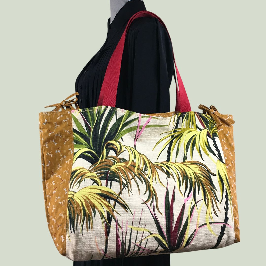 Sac Tiki tropical, tissu vintage années 1950, cabas en toile fait main. Exemplaire 1, recto face A.