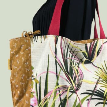 Sac Tiki tropical, tissu vintage années 1950, cabas en toile fait main. Exemplaire 1, recto face B, liens d'attache, détails.
