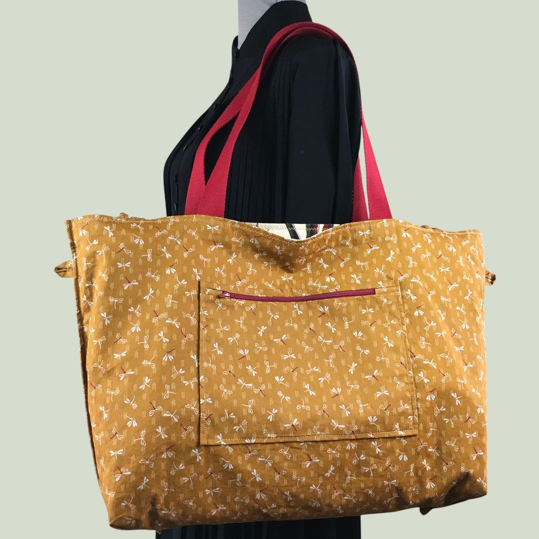 Sac Tiki tropical, tissu vintage années 1950, cabas en toile fait main. Exemplaire 1, verso, doublure et poche.
