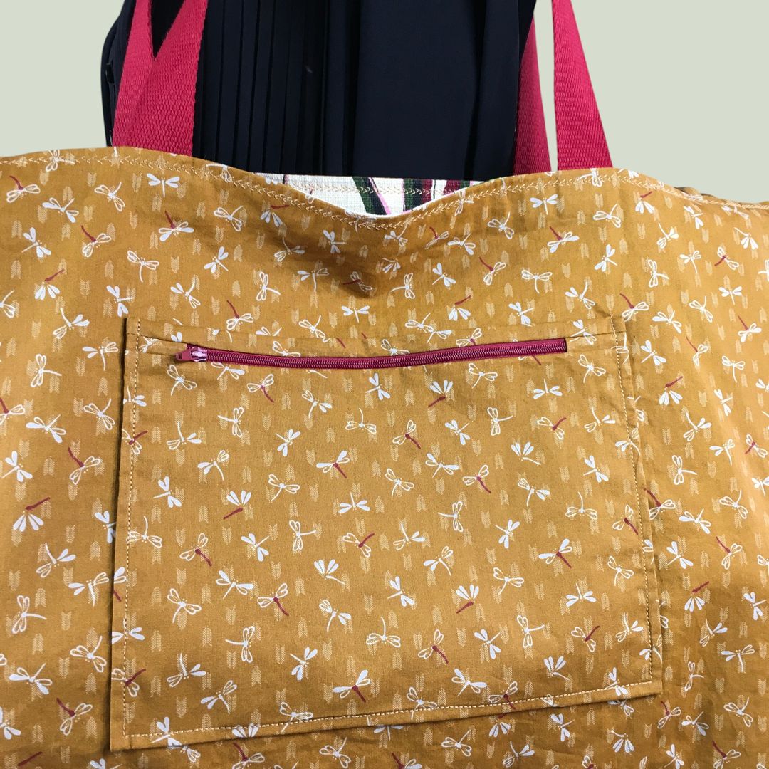 Sac Tiki tropical, tissu vintage années 1950, cabas en toile fait main. Exemplaire 1, verso, doublure et poche.