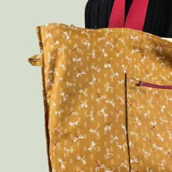Sac Tiki tropical, tissu vintage années 1950, cabas en toile fait main. Exemplaire 1, verso, doublure et poche, patte d'attache, détails.