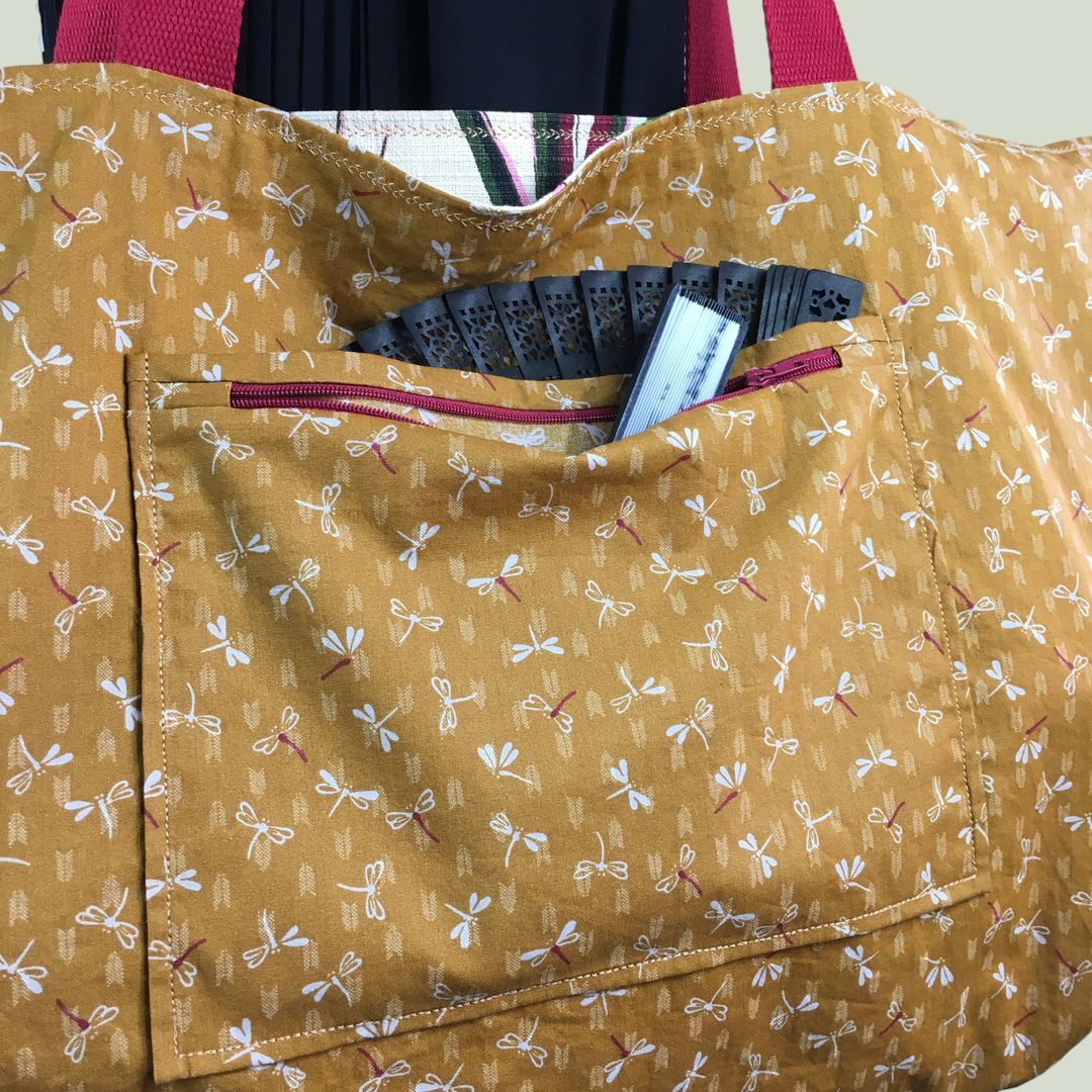 Sac Tiki tropical, tissu vintage années 1950, cabas en toile fait main. Exemplaire 1, verso, doublure et poche.