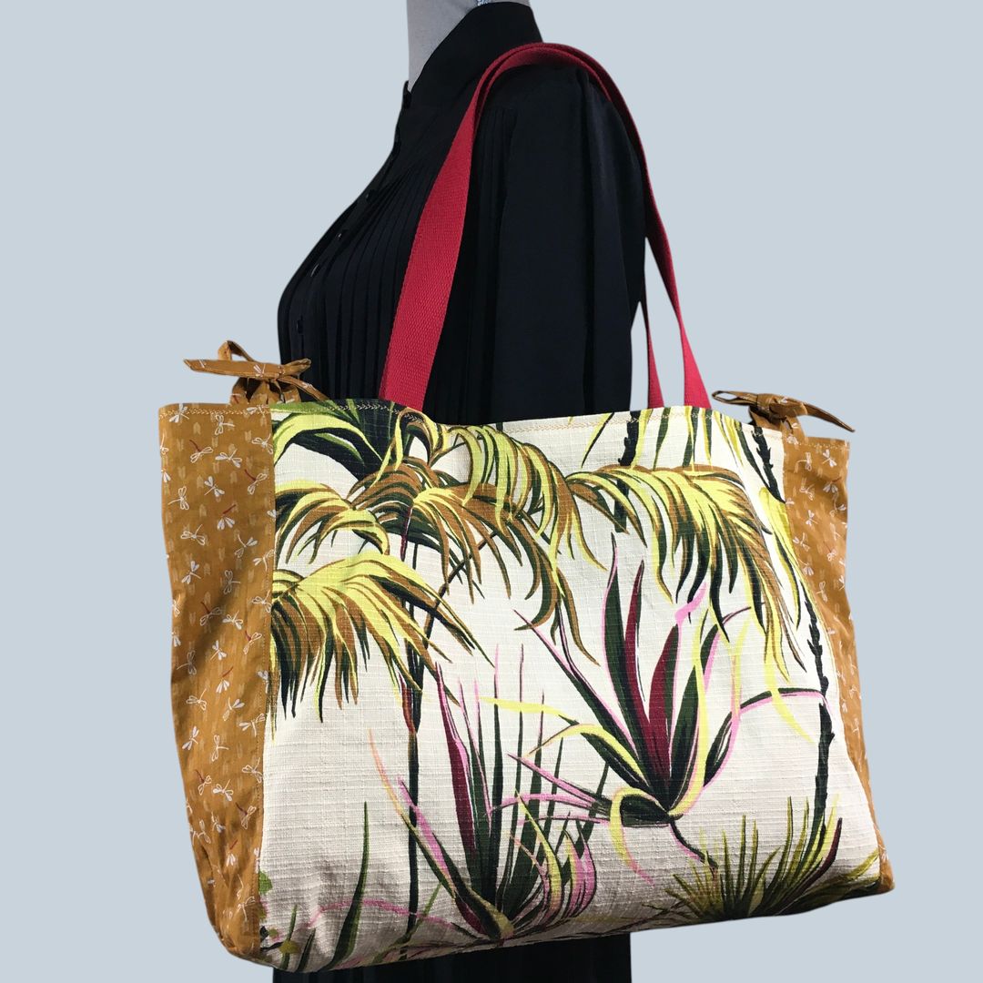 Sac Tiki tropical, tissu vintage années 1950, cabas en toile fait main. Exemplaire 2, recto face A.