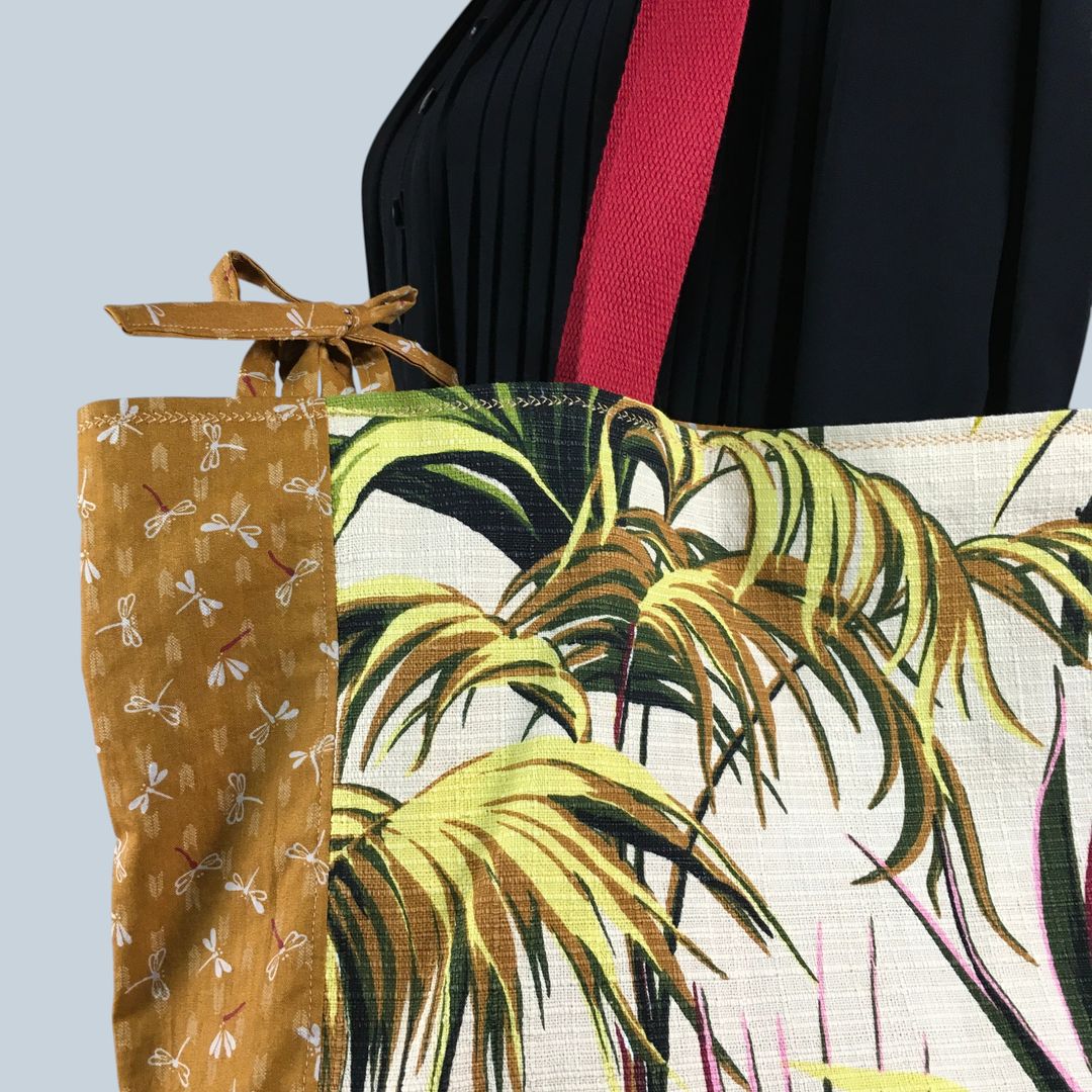 Sac Tiki tropical, tissu vintage années 1950, cabas en toile fait main. Exemplaire 2, recto face A, détails et liens.