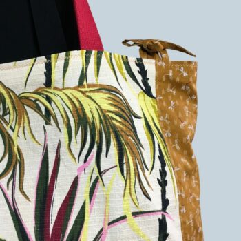 Sac Tiki tropical, tissu vintage années 1950, cabas en toile fait main. Exemplaire 2, recto face A, détails et liens.