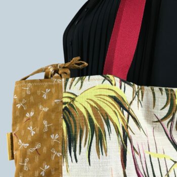 Sac Tiki tropical, tissu vintage années 1950, cabas en toile fait main. Exemplaire 2, recto face B, détails et liens.