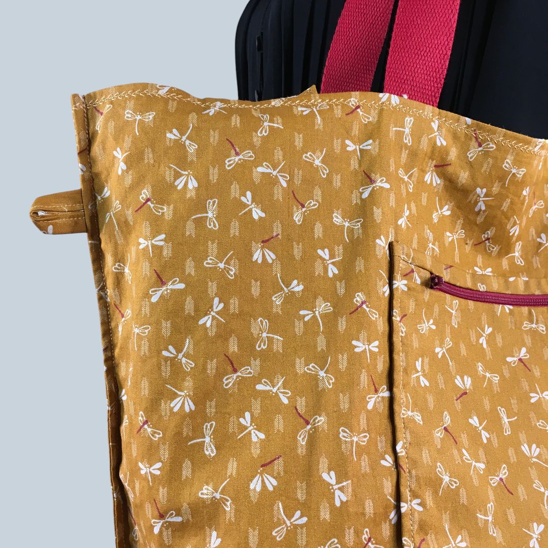 Sac Tiki tropical, tissu vintage années 1950, cabas en toile fait main. Exemplaire 2, verso, doublure et poches, pattes d'attache, détails.