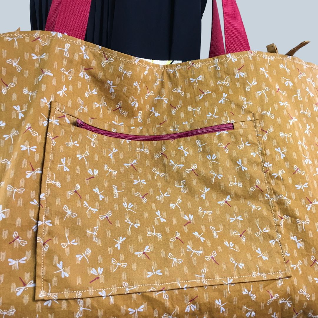 Sac Tiki tropical, tissu vintage années 1950, cabas en toile fait main. Exemplaire 2, verso, doublure et poches, détails.