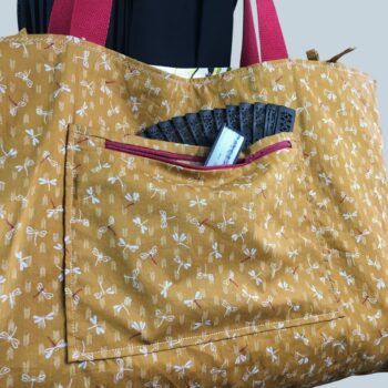 Sac Tiki tropical, tissu vintage années 1950, cabas en toile fait main. Exemplaire 2, verso, doublure et poches, détails.