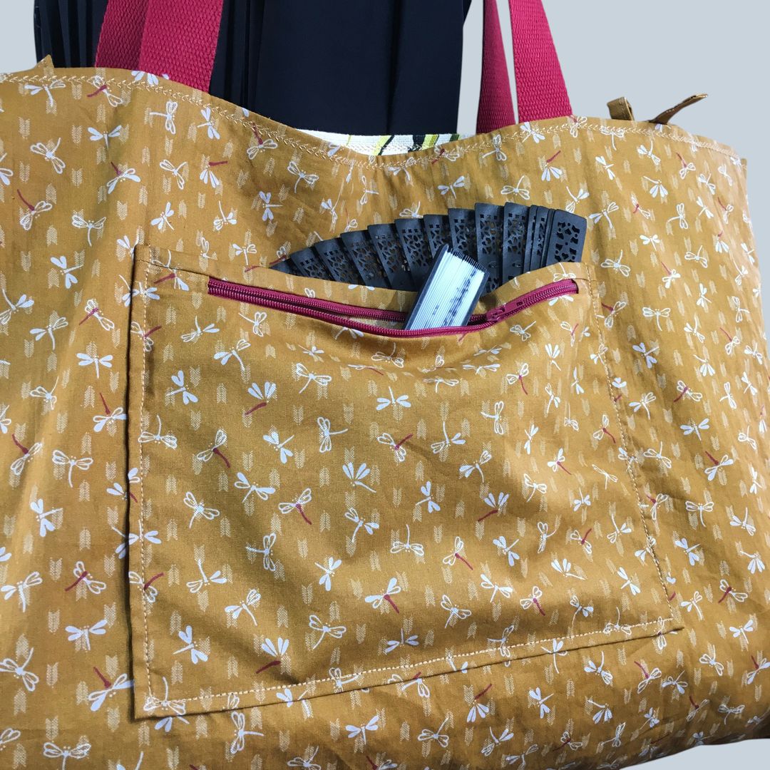Sac Tiki tropical, tissu vintage années 1950, cabas en toile fait main. Exemplaire 2, verso, doublure et poches, détails.