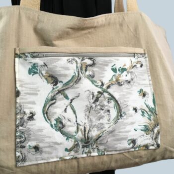Grand sac de plage beige, cabas en toile vintage. Exemplaire 4, verso, doublure et poche.