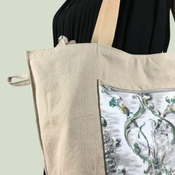 Grand sac de plage beige, cabas en toile vintage. Exemplaire 3, verso, doublure et poche.