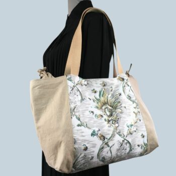 Grand sac de plage beige, cabas en toile vintage. Exemplaire 2, recto face A.