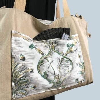 Grand sac de plage beige, cabas en toile vintage. Exemplaire 2, verso, doublure et poche.