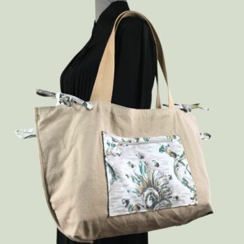 Grand sac de plage beige, cabas en toile vintage. Exemplaire 1, verso, doublure et poche.