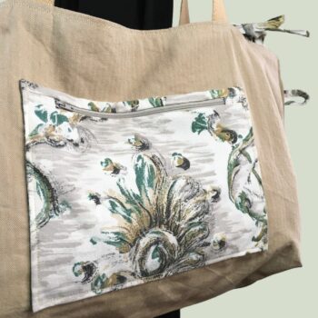 Grand sac de plage beige, cabas en toile vintage. Exemplaire 1, verso, doublure et poche.