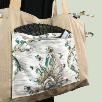 Grand sac de plage beige, cabas en toile vintage. Exemplaire 1, verso, doublure et poche.