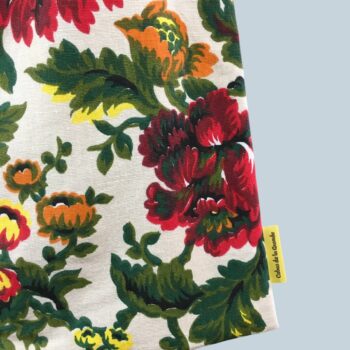 Sac en toile de lin vintage à imprimé fleuri. Exemplaire 2, recto face A, étiquette.