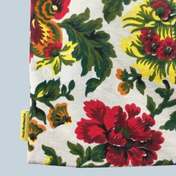 Sac en toile de lin vintage à imprimé fleuri. Exemplaire 2, recto face B, étiquette.