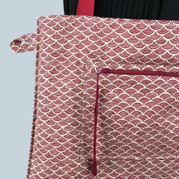 Sac en toile de lin vintage à imprimé fleuri. Exemplaire 2, verso et poches, patte d'attache, détails.