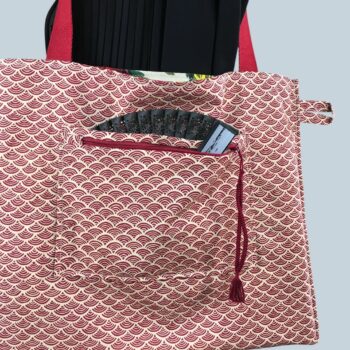 Sac en toile de lin vintage à imprimé fleuri. Exemplaire 2, verso et poches, patte d'attache.