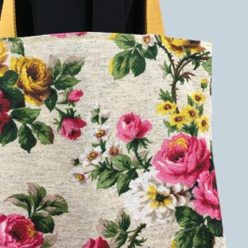 Sac fleuri en laine et lin, fait main en France. Fourre-tout réversible en tissu vintage revalorisé, accessoire d'inspiration rétro. Exemplaire 1. Recto face A.