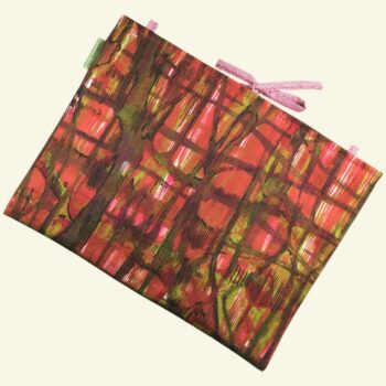 Housse ordinateur 13 pouces en tissu vintage abstrait rouge et kaki, création originale faite main à Paris, étui doublé réversible. Exemplaire 2 recto face B.