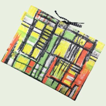 Housse ordinateur 13 pouces en tissu vintage géométrique abstrait, années 1950 1960, création originale faite main à Paris, étui doublé réversible. Exemplaire 1 recto face B.