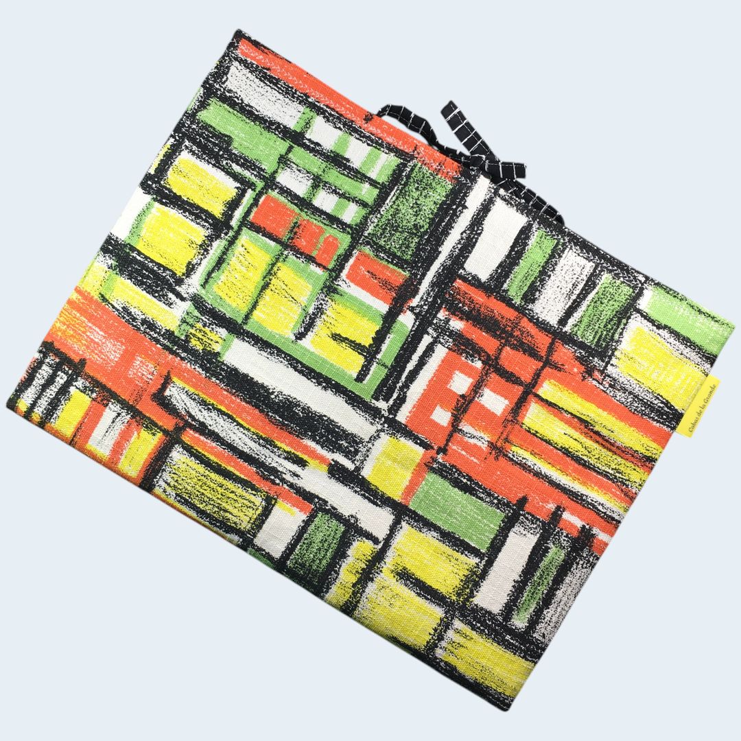 Housse ordinateur 13 pouces en tissu vintage géométrique abstrait, années 1950 1960, création originale faite main à Paris, étui doublé réversible. Exemplaire 2 recto face A.
