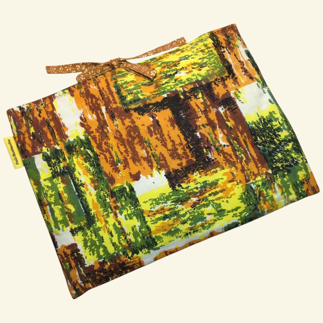 Pochette à livres matelassée en tissu vintage, housse pour tablettes, création originale pièce unique, toile ancienne années 1950s. Taille S2, exemplaire 1, recto face B.