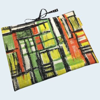 Housse à livres en tissu vintage, étui matelassé pour tablettes, pochette faite main, création originale pièce unique, toile barkcloth années 1960s. Taille S2, exemplaire 3, recto face A.
