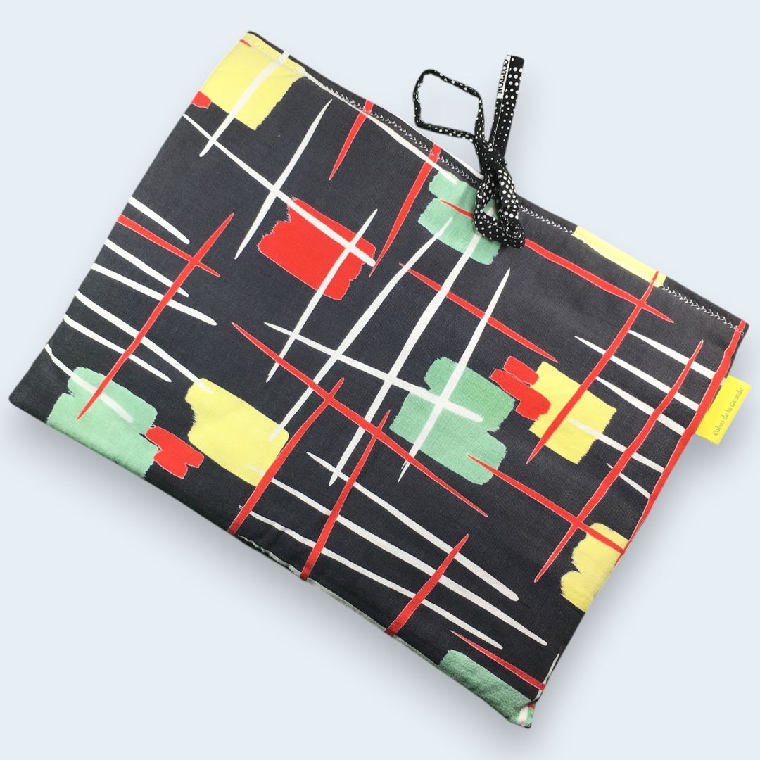Housse pour ordinateur 13 pouces en tissu vintage graphique moderniste années 1950s, création originale faite main à Paris, étui doublé réversible.