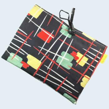 Housse pour ordinateur 13 pouces en tissu vintage graphique moderniste années 1950s, création originale faite main à Paris, étui doublé réversible. Recto face A.