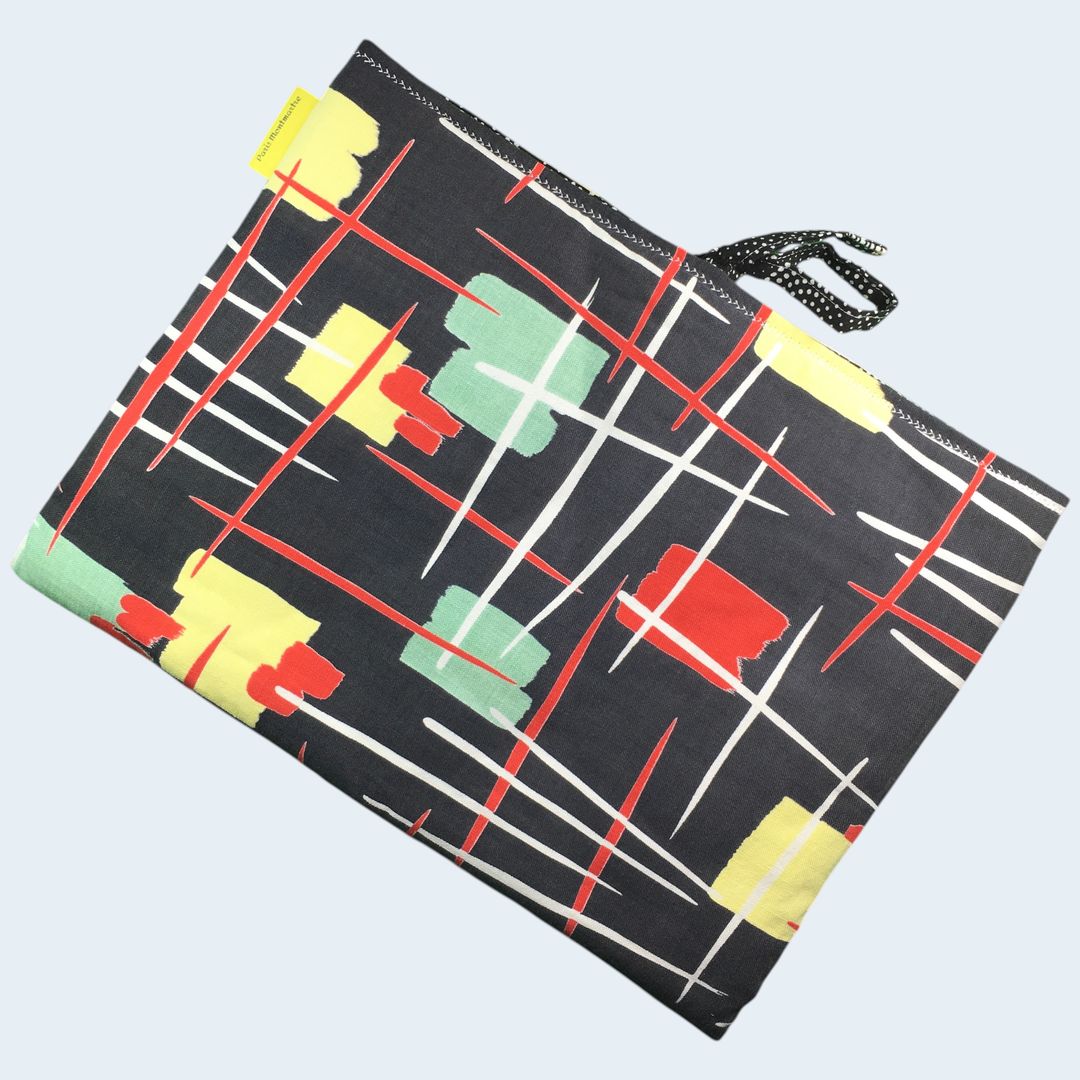 Housse pour ordinateur 13 pouces en tissu vintage graphique moderniste années 1950s, création originale faite main à Paris, étui doublé réversible. Recto face B.