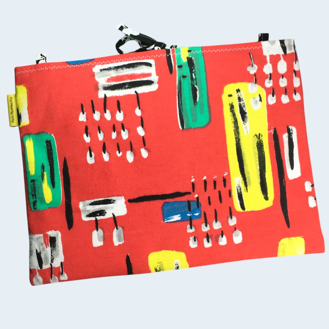 Housse pour ordinateur 13 pouces en tissu vintage rouge de style abstrait artistique années 1950s, création originale faite main à Paris. Recto face B.