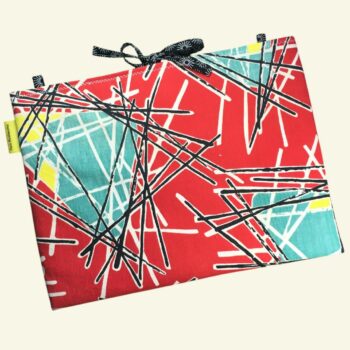 Pochette pour ordinateur 13 pouces en tissu vintage rouge de style abstrait, ère atomique années 1950s, création originale faite main à Paris. Exemplaire 5, recto face B.