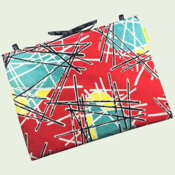 Pochette pour ordinateur 13 pouces en tissu vintage rouge de style abstrait, ère atomique années 1950s, création originale faite main à Paris. Exemplaire 1, recto face A.