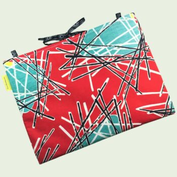 Pochette pour ordinateur 13 pouces en tissu vintage rouge de style abstrait, ère atomique années 1950s, création originale faite main à Paris. Exemplaire 1, recto face B.