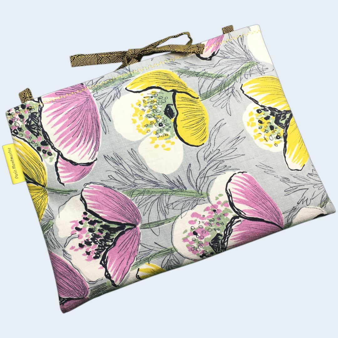 Housse à livres et tablettes, étui matelassé et petit sac fleuri champêtre, fait main, création originale pièce unique, tissu vintage Marignan années 1960s. Exemplaire 1, recto face B.